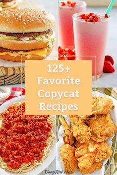 some food and drinks on a table with the words favorite copycat recipes above it