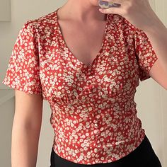 Never Worn! Red Printed Tops For Day Out, Red Floral Print V-neck Top, Red V-neck Floral Print Top, Red Floral Print Top For Day Out, Decorative Buttons, Floral Blouse, Lush, Floral Tops, Red White