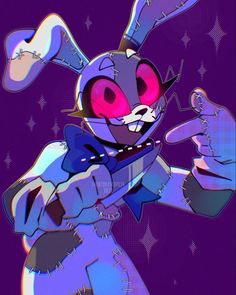 an animated rabbit holding a knife and pointing at it's face with pink eyes