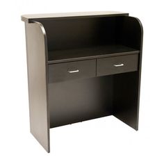 an office desk with two drawers and one door on the top shelf is shown in black