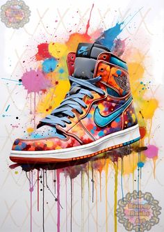 a painting of a pair of shoes with colorful paint splatters