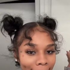 Bun And Ponytail Hairstyles, Natural Top Bun, Space Buns With Edges, Messy Bun Flat Iron Hair, 2 Bun Natural Hairstyles, Hairstyles For Short Silk Press, Cute Hairstyles For Short Hair Natural, Cute Natural Ponytails, High Bun Black Hair