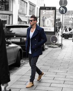 Nautical coat + chelsea boots #menstyle #dapper men street style fashion brought to you by Tom Maslanka Outfits For Teenage Guys, Scarf Coat, Mens Fashion Work, Mens Fashion Simple, Mens Fashion Business, Formal Mens Fashion, Men With Street Style