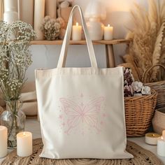 Embrace nature inspired art! Designed with nature-approved materials. Embrace Nature, Cute Tote Bags, Pink Art, Pink Butterfly, Cotton Totes, Pink Bag, Cotton Tote Bags, Canvas Tote, Nature Inspiration