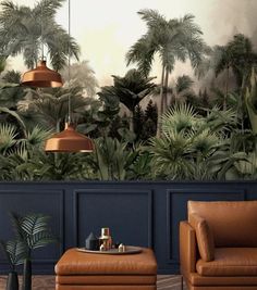 a living room filled with furniture and lots of palm trees on the wall behind it