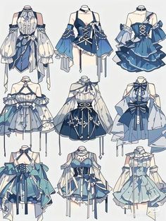 many different types of dresses on display in front of a white background with blue accents