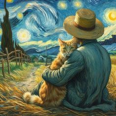 a painting of a man with a cat in his lap and starry night behind him