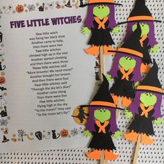 the five little witches are on sticks with their name written in black and orange letters