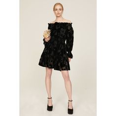 Black jacquard (82% Viscose, 18% Polyamide). Hourglass. Long sleeves. Off the shoulder. Pull on. 35.5" from shoulder to hemline. Imported. Rent The Runway, Closet Designs, Dark Floral, Floral Dress Black, Black Print, Floral Dress, Dress Skirt, Off The Shoulder, Cocktail Dress