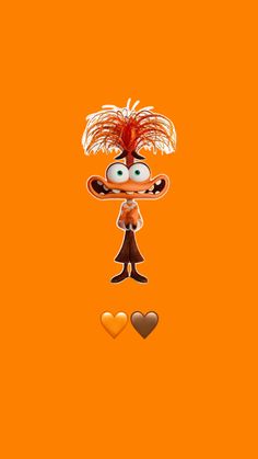 an orange background with a cartoon character on it's face and hearts in the foreground