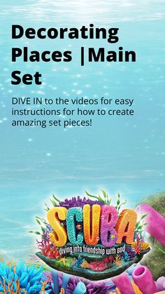 an advertisement with the words scuba on it and colorful corals in the water behind it