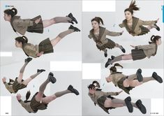 the woman is jumping in the air with her legs spread out