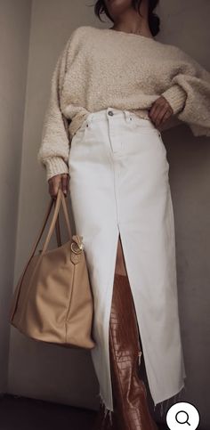 Office Outfits Women Long Skirt, Style White Denim Skirt, White Denim Midi Skirt Outfit Summer, Ribbed Long Skirt Outfit, Gold Pencil Skirt Outfit, Classy Outfits For Fall, Long White Jean Skirt Outfit, Casual Pencil Skirt Outfits Sneakers, Champagne Midi Skirt