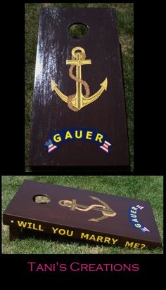 two pictures of an outdoor game board with the words gauer, will you marry me?