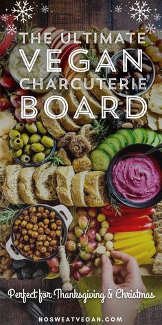 Create the ultimate festive, plant-based charcuterie board that’s perfect for Thanksgiving and Christmas! This vibrant snack board features vegan cheeses, fresh fruits, nuts, veggies, and hummus—a delicious option for any holiday gathering. Build it to impress friends and family with a colorful array of flavors and textures that everyone can enjoy. Add this to your festive menu for a memorable, plant-based celebration! #vegancharcuterieboard #veganappetizers #thanksgivingappetizers Charcuterie Board Vegan Ideas, Charcuterie Vegan Board, Vegan Gluten Free Recipes Appetizers, Vegan Christmas Appetizers Party, Vegan Charcuterie Board Ideas, Charcuterie Board For Thanksgiving, Charcuterie Vegan