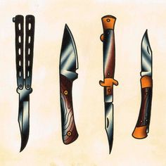 four different types of knifes are shown in this drawing, one is orange and the other is black