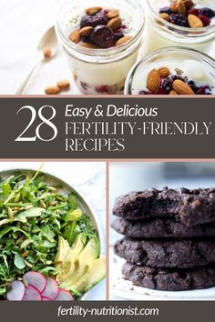 healthy and delicious desserts in jars with text overlay that reads 28 easy & delicious fertily - friendly recipes