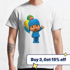 an image of a boy with balloons on his head wearing a t - shirt that says buy 3 get 15 % off