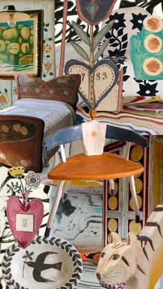 a collage of art and furniture in various colors