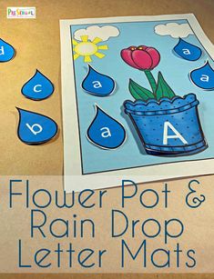 a flower pot and rain drop letter mats for kids to practice letters in the rainy weather