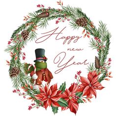 a wreath with poinsettis, pine cones and evergreen leaves in the center reads happy new year