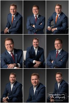 multiple shots of a man in a suit and tie with his arms crossed, posing for the camera