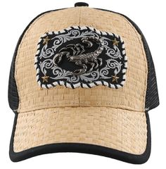 a hat with an embroidered scorpion on it