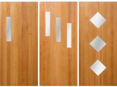 three different angles of a wooden door with white squares and rectangles on it