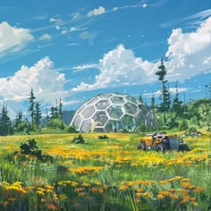 a painting of a large glass dome in the middle of a field with yellow flowers