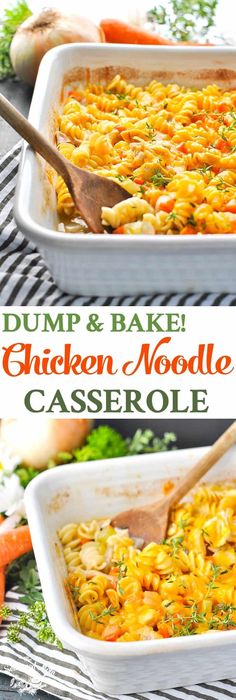 two casserole dishes filled with dump and bake chicken noodle casserole