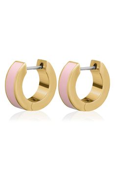 Easy-to-wear hoop earrings will add significant polish to even your most casual ensembles. 1/2" drop Hinge with snap-post closure Goldtone plate/enamel Imported Pink Enamel Hoop Earrings, Hoop Huggie Earrings In Enamel, Small Hoop Enamel Earrings, Enamel Huggie Hoop Earrings For Pierced Ears, Enamel Huggie Hoop Earrings, Modern Enamel Hoop Earrings, Huggie Hoop Earrings, Central Park, Nordstrom Rack