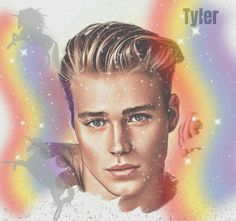 a drawing of a man with blonde hair and blue eyes in front of a rainbow background