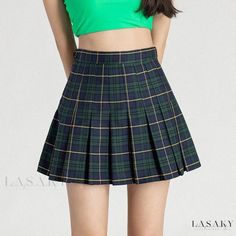 Lasaky - High-Waisted Plaid Pleated Skirt with Built-In Safety Shorts: A stylish and functional solution for college-goers to prevent wardrobe malfunctions High Waisted Plaid Skirt, Mini Plaid Skirt, Green Grid, Safety Shorts, High Waisted Pleated Skirt, Plaid Pleated Skirt, Half Skirt, Printed Midi Skirt, Wear Green