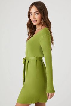 Sweater Mini Wrap Dress Fall Mini Length Belted Dress, Green V-neck Sweater Dress For Fall, Fall Mini Dress With Tie Waist And Long Sleeves, Green V-neck Sweater Dress For Spring, Green Long Sleeve Belted Mini Dress, Fall Mini Dress With Tie Waist And Surplice Neckline, Mini Sweater, Buy Sweaters, Mini Wrap