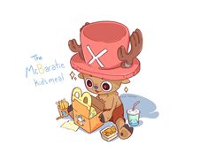 a cartoon bear wearing a red hat and holding a box with food in it's hands