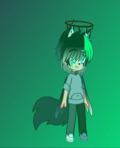 an anime character with green hair and black pants, standing in front of a green background