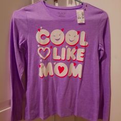 Girls Long Sleeve Purple Printed "Cool Like Mom" T-Shirt Fun Long Sleeve T-shirt For Spring, Fun Long Sleeve Cotton Shirt, Purple Long Sleeve T-shirt With Letter Print, Fun Long Sleeve Relaxed Fit Shirt, Fun Long Sleeve Shirt With Relaxed Fit, Fun Relaxed Fit Long Sleeve Shirt, Fun Long Sleeve Cotton Top, Playful Purple Cotton Tops, Cute Long Sleeve Tops With Text Print