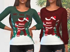 two women wearing ugly christmas sweaters with santa clause on them