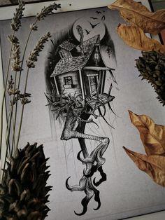 a drawing of a house with a clock on the wall next to plants and pine cones