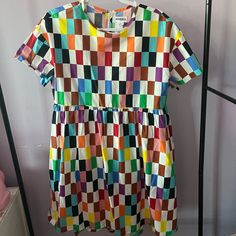 From 2023! Never Worn. Features Checkered Colors From Pride Flags. Loose Fitting. Chic Multicolor Print Short Sleeve Dress, Colorful Casual Cotton Dress, Cotton Midi Dress For Day Out, Multicolor, Multicolor Cotton Midi Dress For Day Out, Casual Colorful Cotton Dress, Casual Knee-length Dress With Colorful Pattern, Multicolor Cotton Mini Dress For Day Out, Casual Multicolor Print Mini Dress, Casual Mini Dress With Multicolor Print