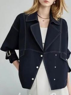 Dark blue V cut jacket - Wapas Romper And Jacket, Long Sleeves Coats, Blue V, Denim Jacket Women, Wide Pants, V Cuts, Outerwear Coats, Blue Jacket, Dress With Boots