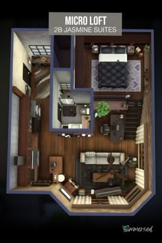 an overhead view of a studio apartment with the bedroom and living room separated by floor plans