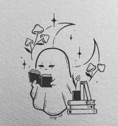 a drawing of a ghost reading a book