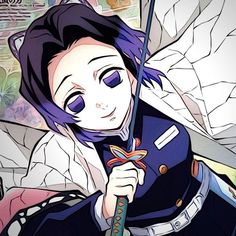 an anime character with purple hair holding an umbrella