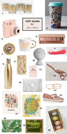 the gift guide for women's valentine's day is shown in gold and pink