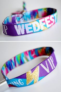 two pictures of the same wristband with different colors and designs on it, one is purple