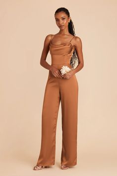 Donna Rust Matte Satin Bridesmaid Jumpsuit | Birdy Grey Bridesmaid Pantsuit, Modern Jumpsuit, Bridesmaid Jumpsuit, Bridesmaids Jumpsuits, Rust Bridesmaid Dress, Brown Jumpsuits, Rose Bridesmaid Dresses, Bridesmaid Inspiration, Birdy Grey