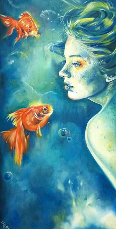 a painting of a woman looking at two goldfish