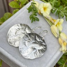 These sterling silver leaf earrings are made from sterling silver money tree castings. These large, comfortable botanical drop earrings have a natural, organic texture.These gorgeous castings of Lunaria Annua (money tree, or honesty plant) leaves retain all of the detail and texture of the original leaves. The surface of the leaves appears to be slightly folded and creased, just like that of the fresh leaves. I collected these leaves from my back yard and to get them ready to cast, built up the Silver Drop Earrings With Nature-inspired Style, Silver Nature-inspired Drop Earrings, Nature-inspired Silver Drop Earrings, Nature-inspired Freeform Silver Jewelry, Silver Nature-inspired Nickel-free Earrings, Nature-inspired Nickel-free Silver Earrings, Nickel-free Nature-inspired Silver Earrings, Silver Nickel-free Nature-inspired Earrings, Nature-inspired Hammered Earrings As Gift