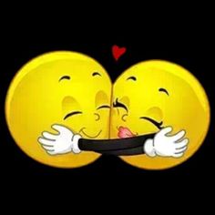 two yellow emoticions hugging each other with their eyes closed and mouths wide open